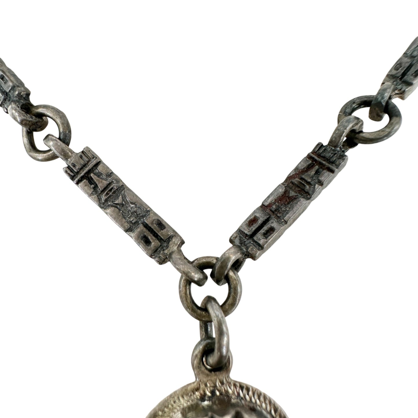 Vintage Sterling Silver 925 Necklace With Tribal Gold Mask Dangling Charms