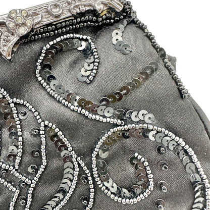 Elegant Evening Clutch Black Sequined and Beaded Silvertone Hardware EUC