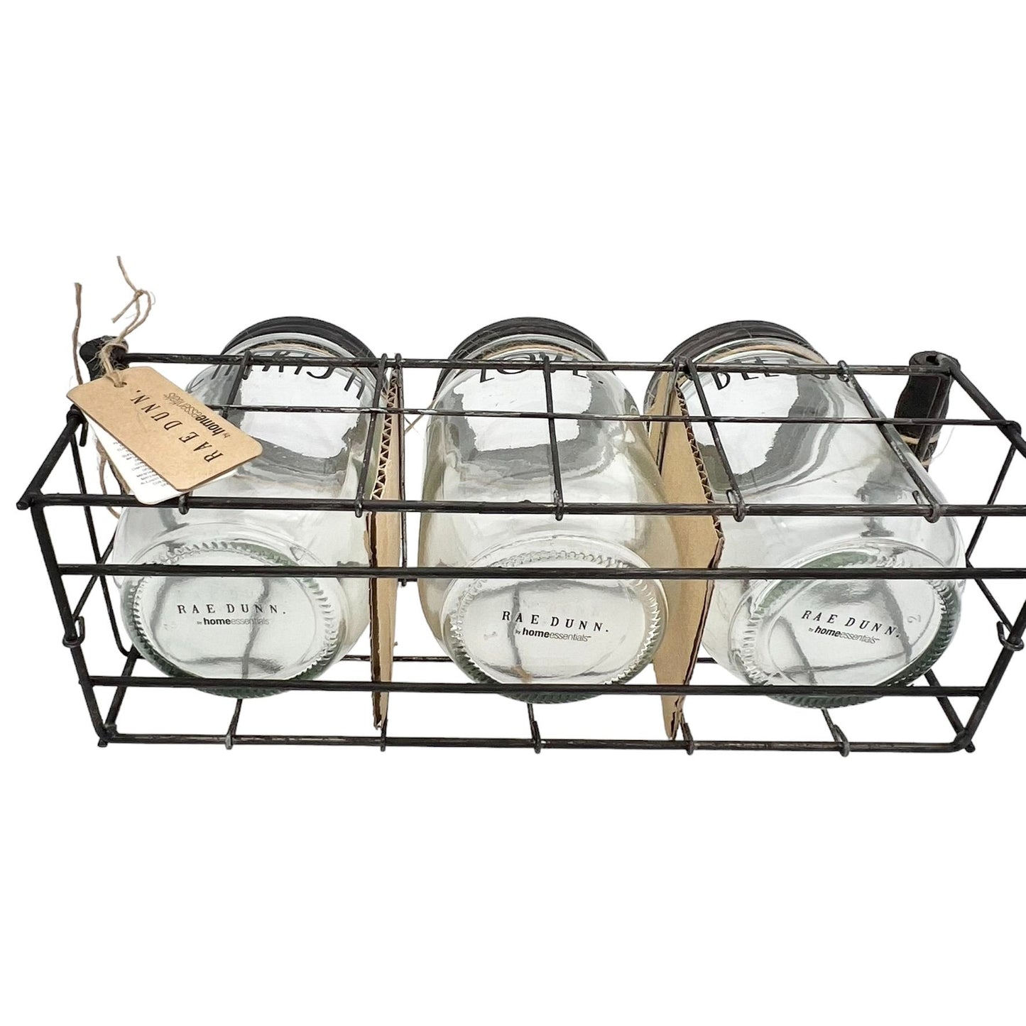 Rae Dunn Home Essentials 3 Glass Jars in Wire Basket Set CHERISH LOVE BLESSED