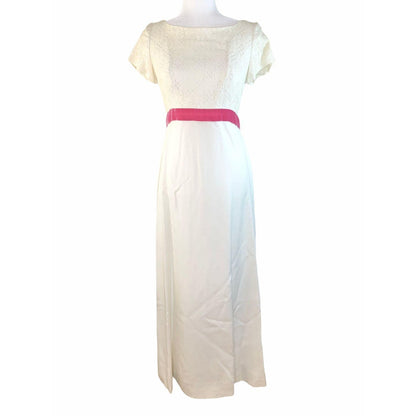 Vintage White Lace Maxi Dress Pink Velvet Waist Cap Sleeves Elegant Formal Wear