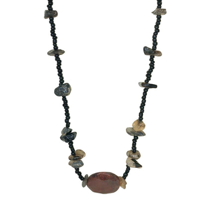 Handcrafted Beaded Necklace Brick Red & Gray Glass Stones Black Beads NEW