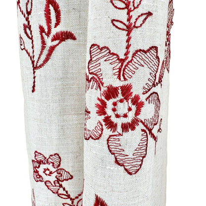 Pair of Curtain Panels 86 x 53 each Linen Red Stitched Flowers Grommets