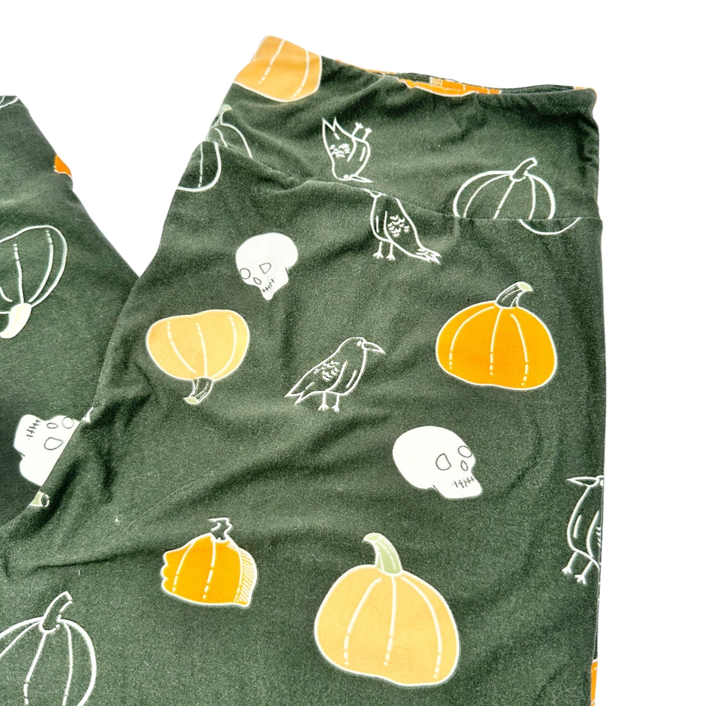 LuLaRoe Leggings TC2 Buttery Soft Olive Green Pumpkins Ravens Skulls Halloween Fall