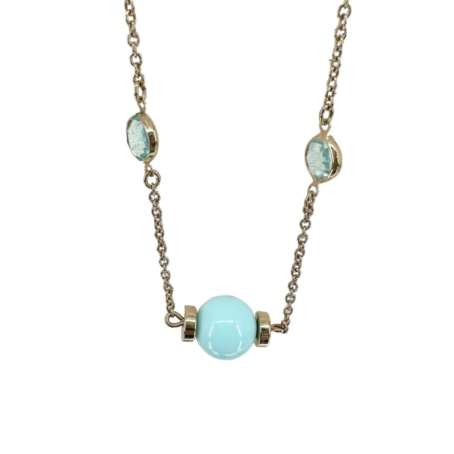 Pair of J. Crew Necklaces Identical Goldtone Chain Light Blue Beads and Gems