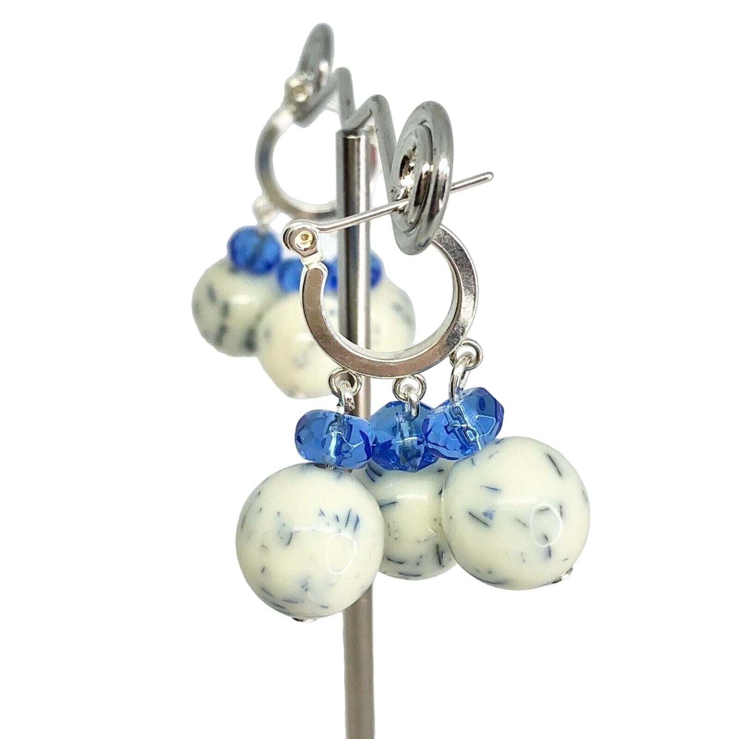 Handcrafted Beaded Earrings White & Blue Glass Beads Silver Hoop Jewelry NEW