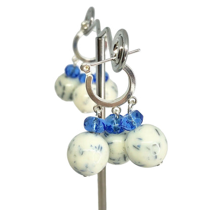 Handcrafted Beaded Earrings White & Blue Glass Beads Silver Hoop Jewelry NEW
