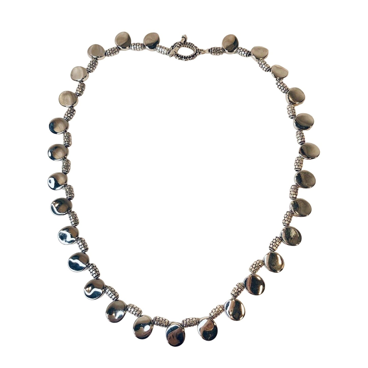 Handcrafted Beaded Necklace Silver Disc Beads Unique and Fun Long Jewelry NEW