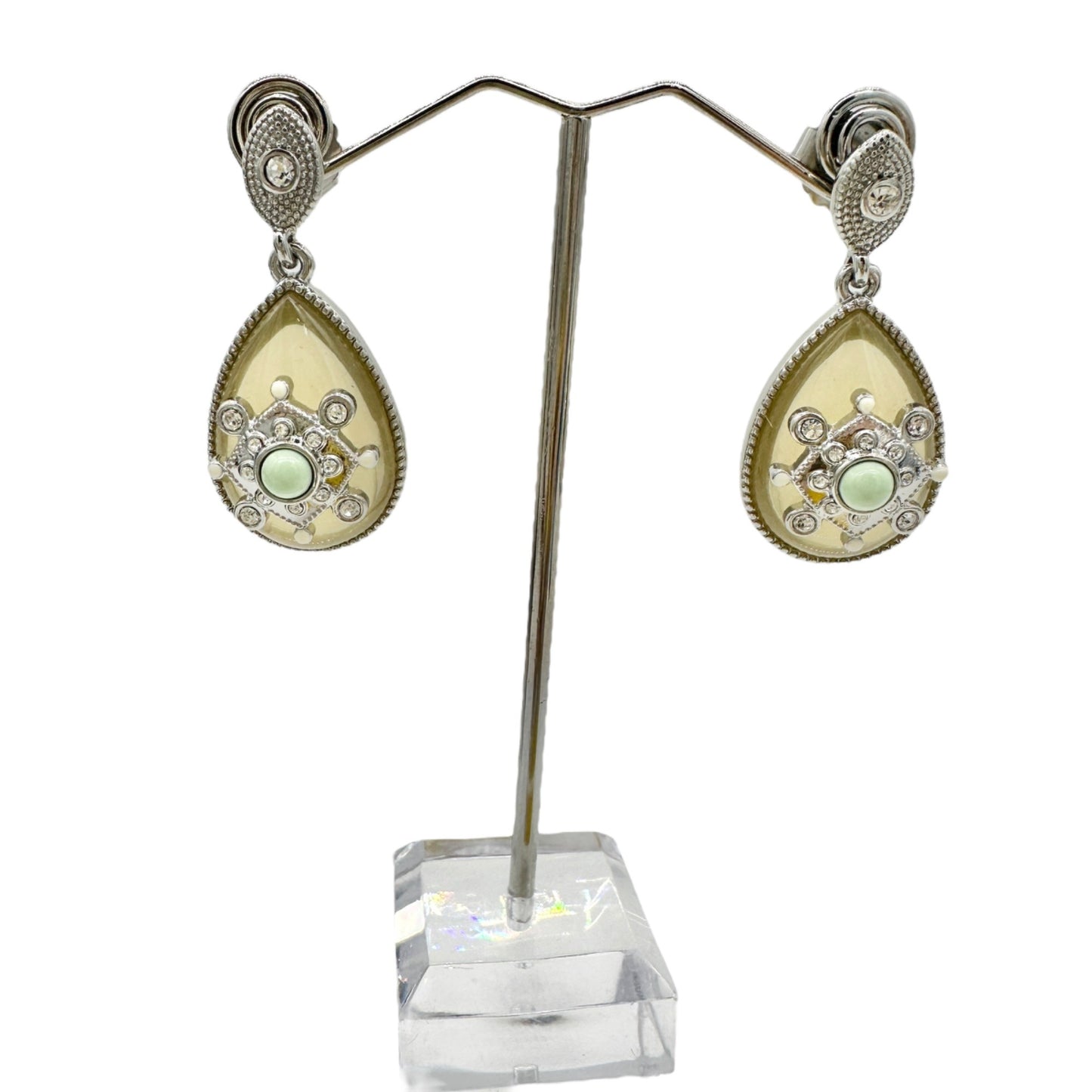 Lia Sophia Art Deco Dangle Earrings Silvertone Clear Gems Yellow Stone Green Bead