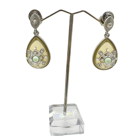 Lia Sophia Art Deco Dangle Earrings Silvertone Clear Gems Yellow Stone Green Bead