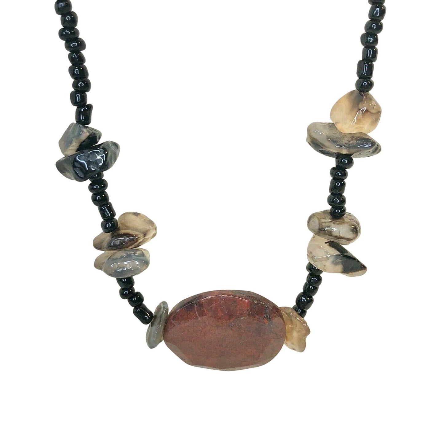 Handcrafted Beaded Necklace Brick Red & Gray Glass Stones Black Beads NEW