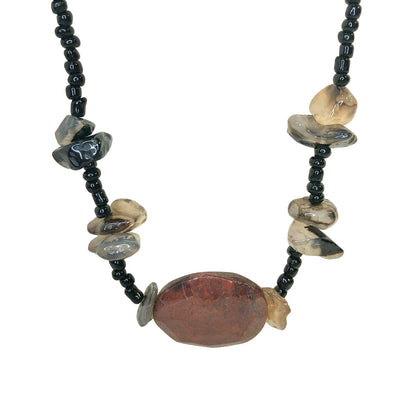 Handcrafted Beaded Necklace Brick Red & Gray Glass Stones Black Beads NEW
