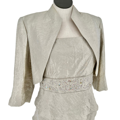 R&M Collection 2pc Dress Jacket Set Womens 16 Champagne Gold Tiered Skirt