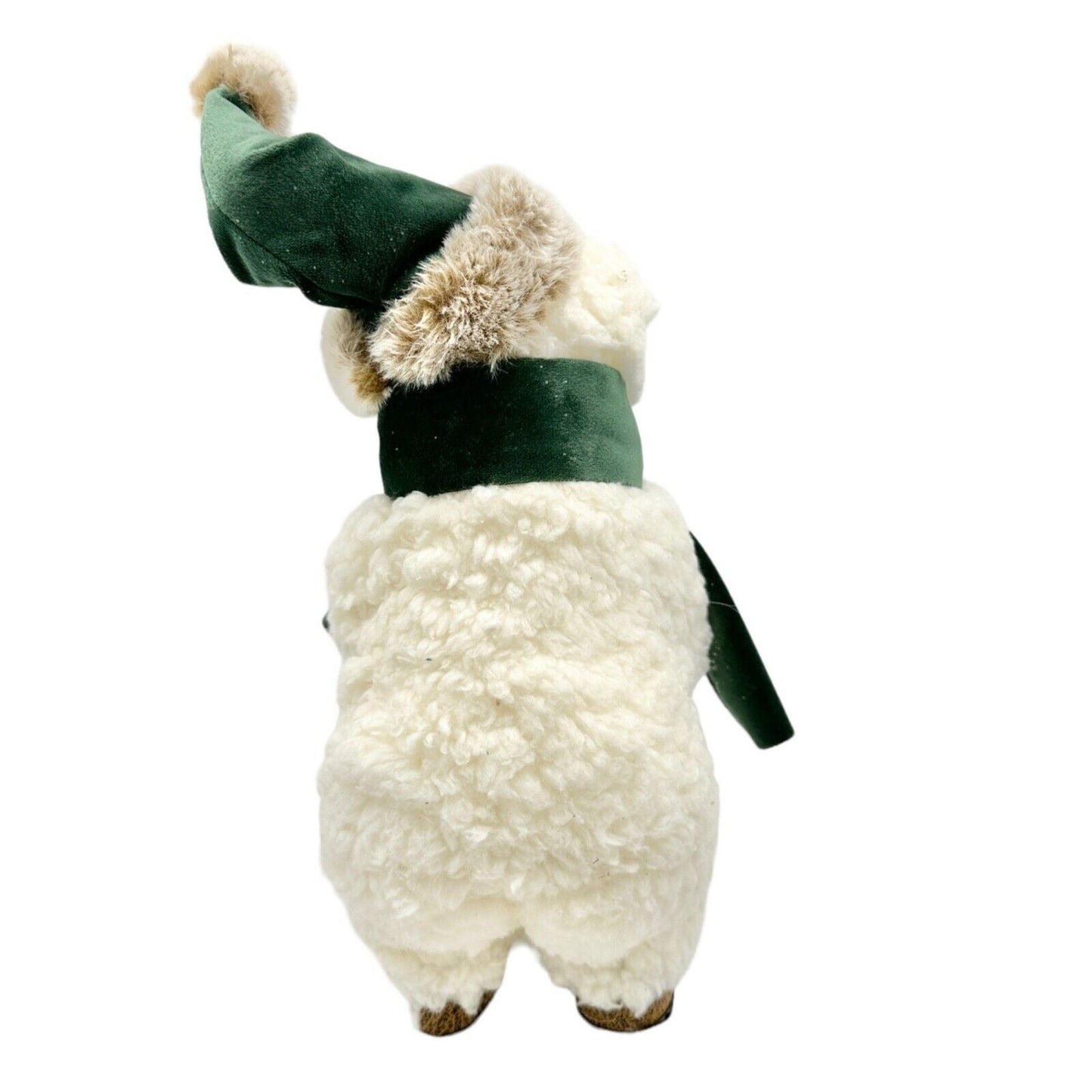 Winter Bear Stands Up Figurine Off-White Fleece with Green Velvet Scarf and Hat