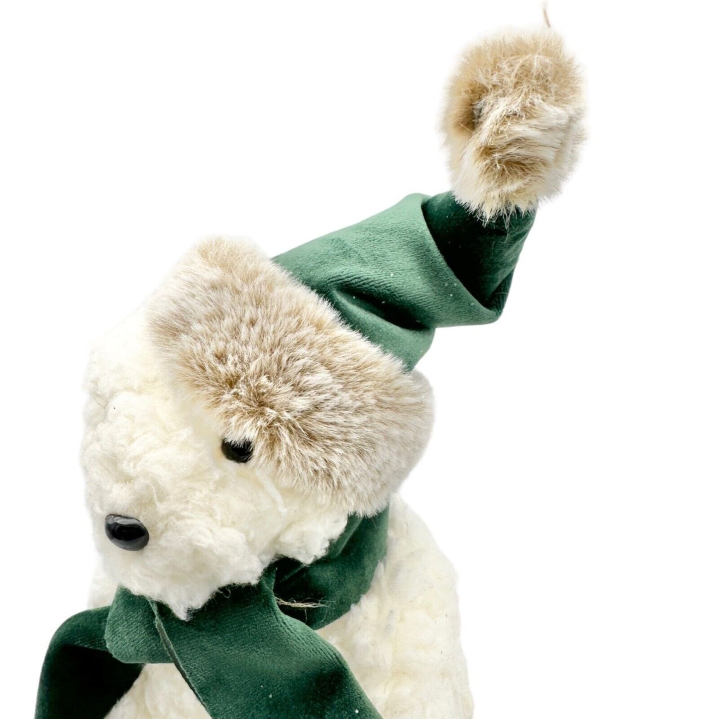 Winter Bear Stands Up Figurine Off-White Fleece with Green Velvet Scarf and Hat