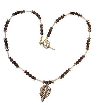 Handcrafted Beaded Necklace Silver Leaf Pendant & Purple Beads Chain Jewelry NEW