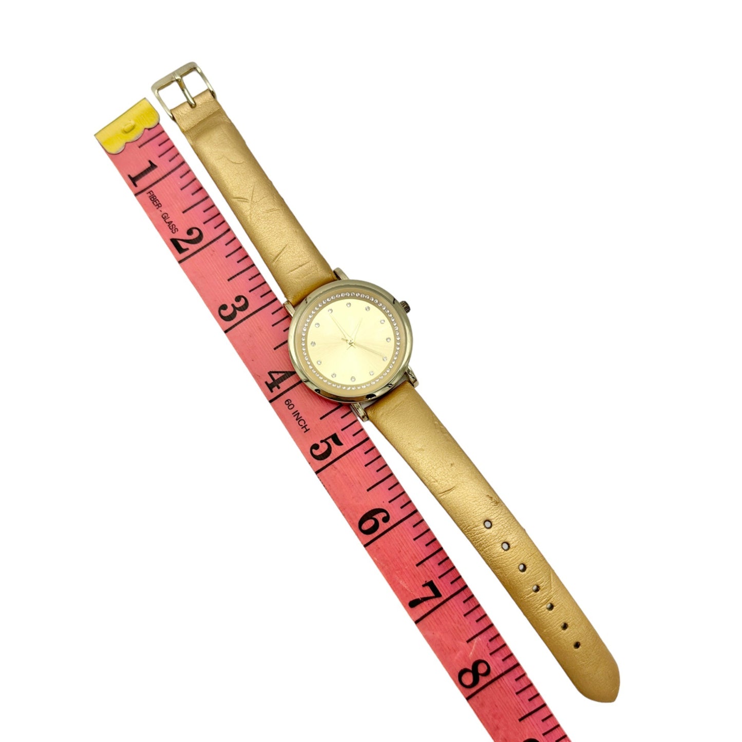 Goldtone Watch with Crystal Accent Faux Leather Gold Buckle Strap