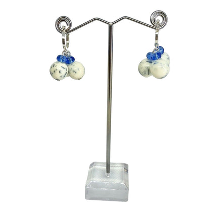 Handcrafted Beaded Earrings White & Blue Glass Beads Silver Hoop Jewelry NEW