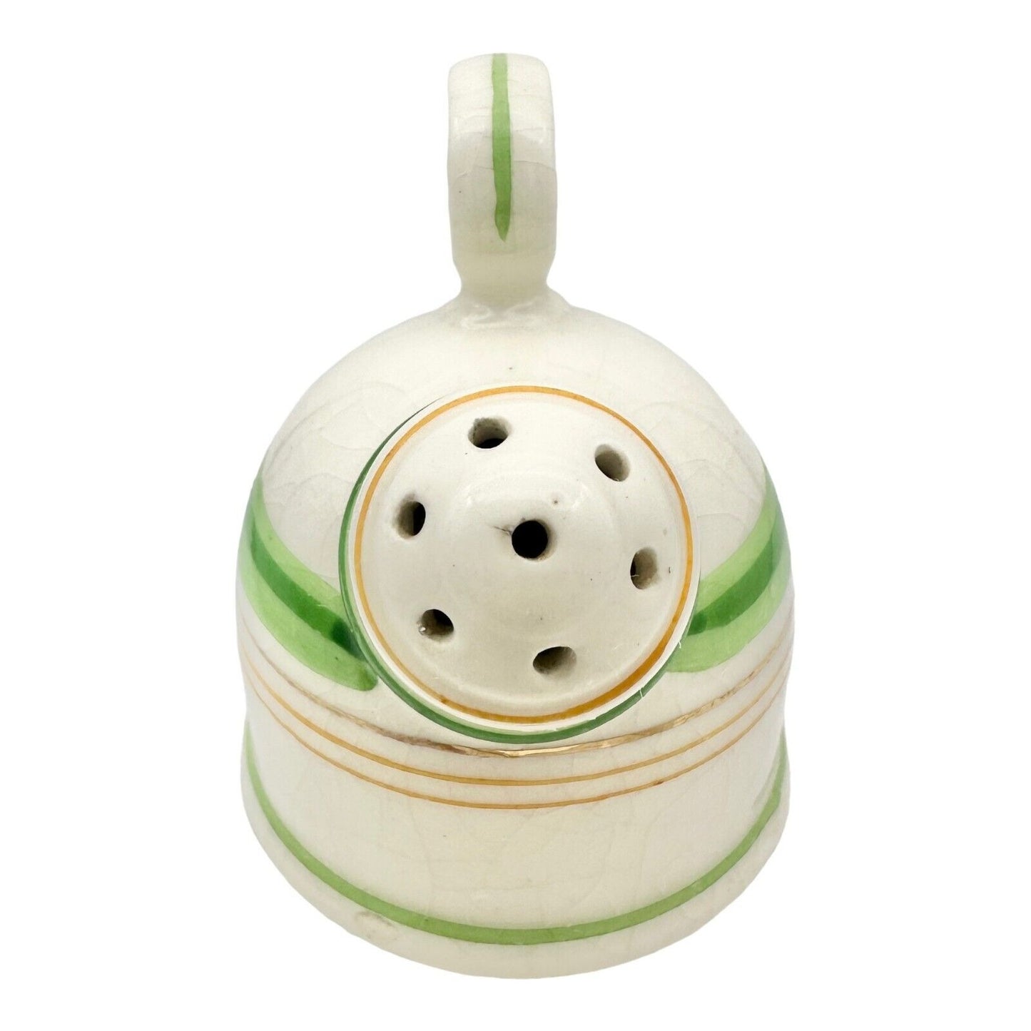 Vintage 3pc Salt & Pepper Shakers & Tray White Ceramic Green & Gold Lines Japan