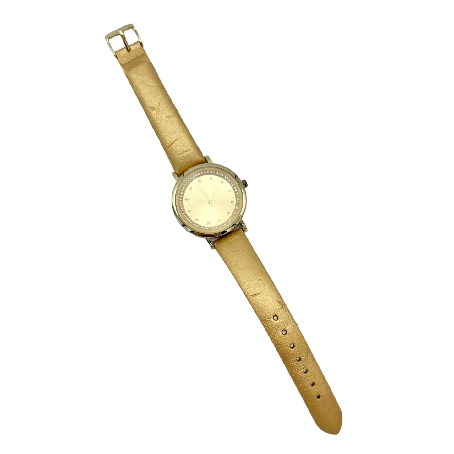 Goldtone Watch with Crystal Accent Faux Leather Gold Buckle Strap