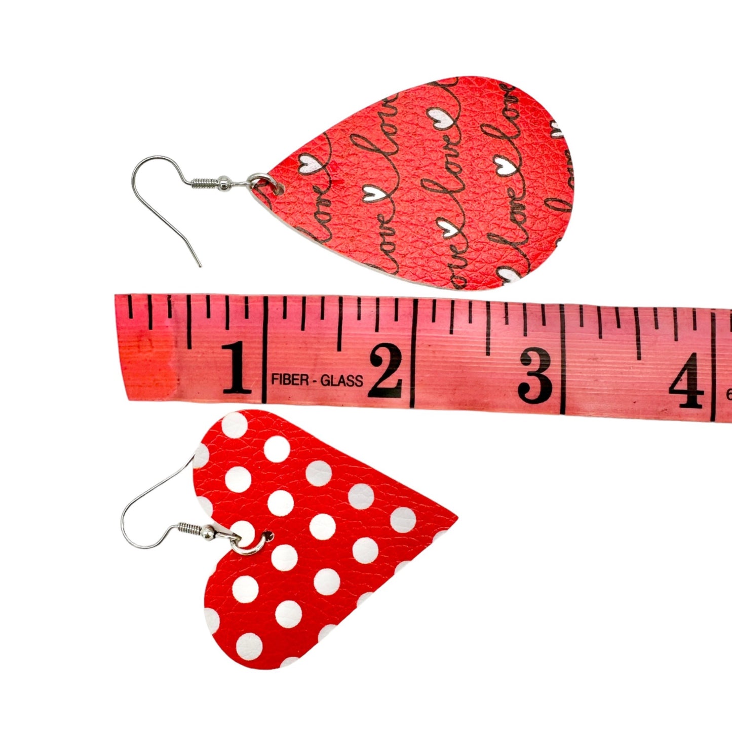 Two Pairs of Valentines Earrings 1 Heart 1 Teardop Red White Faux Leather NEW