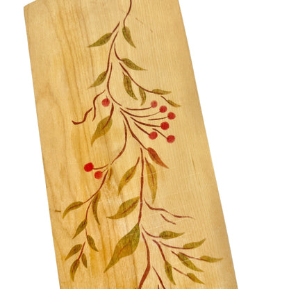 Decorative Wood Cutting Board 21.5in L x 5in W Red Berries Green Leaves Stems