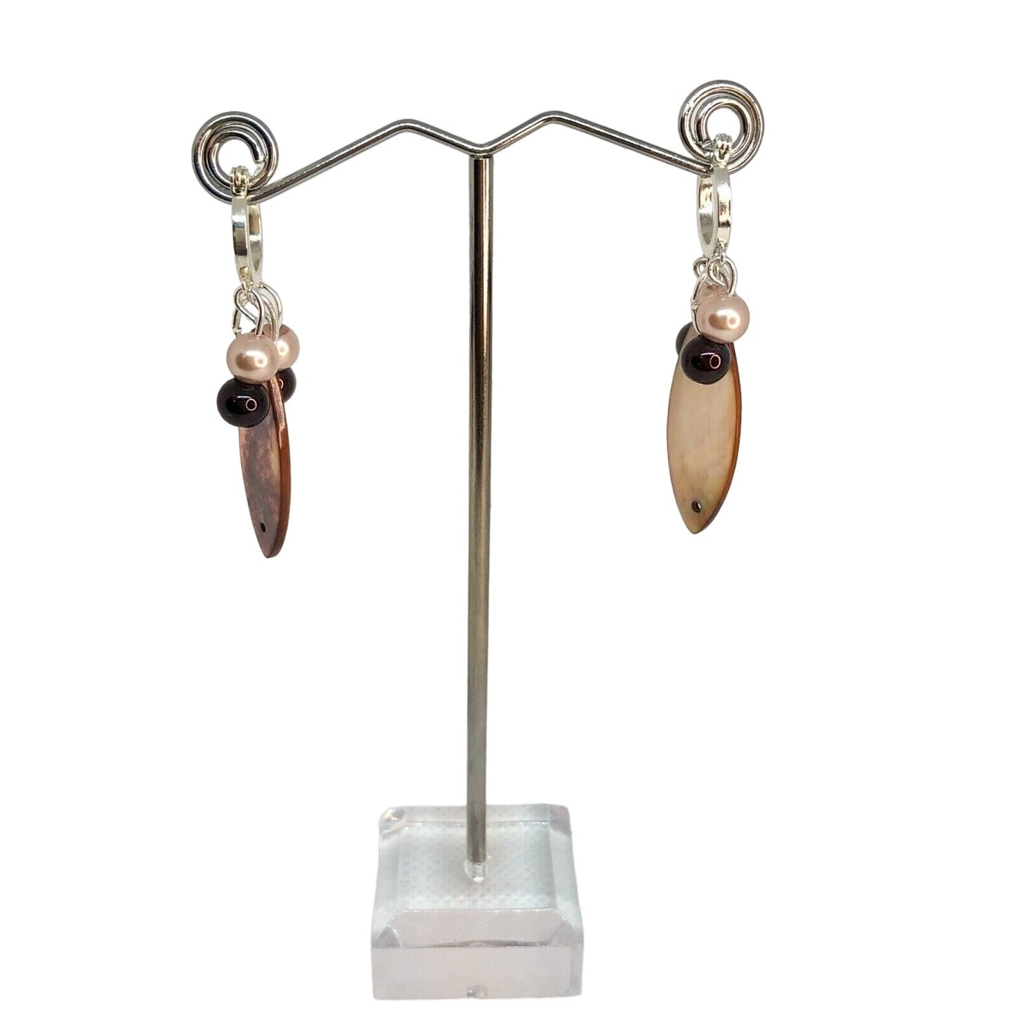 Handcrafted Beaded Earrings Clear Variegated Brown Oblong Glass Beads Unique NEW