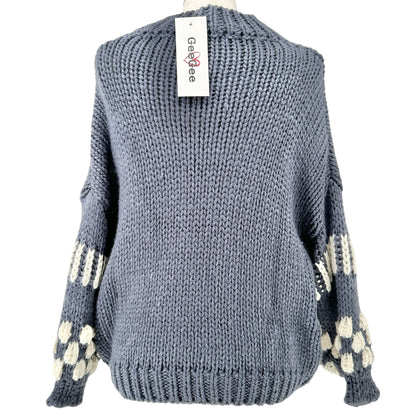 GeeGee Sweater Womens M Oversized Pullover Acrylic Slate Blue and White Knit