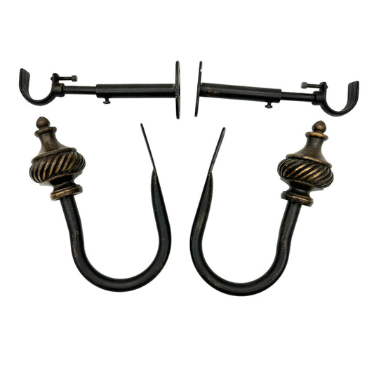 4pc Set Curtain Hardware 2 Rod Wall Hooks 2 Wall Mount Hold Backs Dark Metal