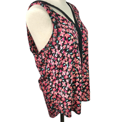 Candie's Cutout Tank Top Women's M Floral Print Sleeveless V-Neck Black Pink