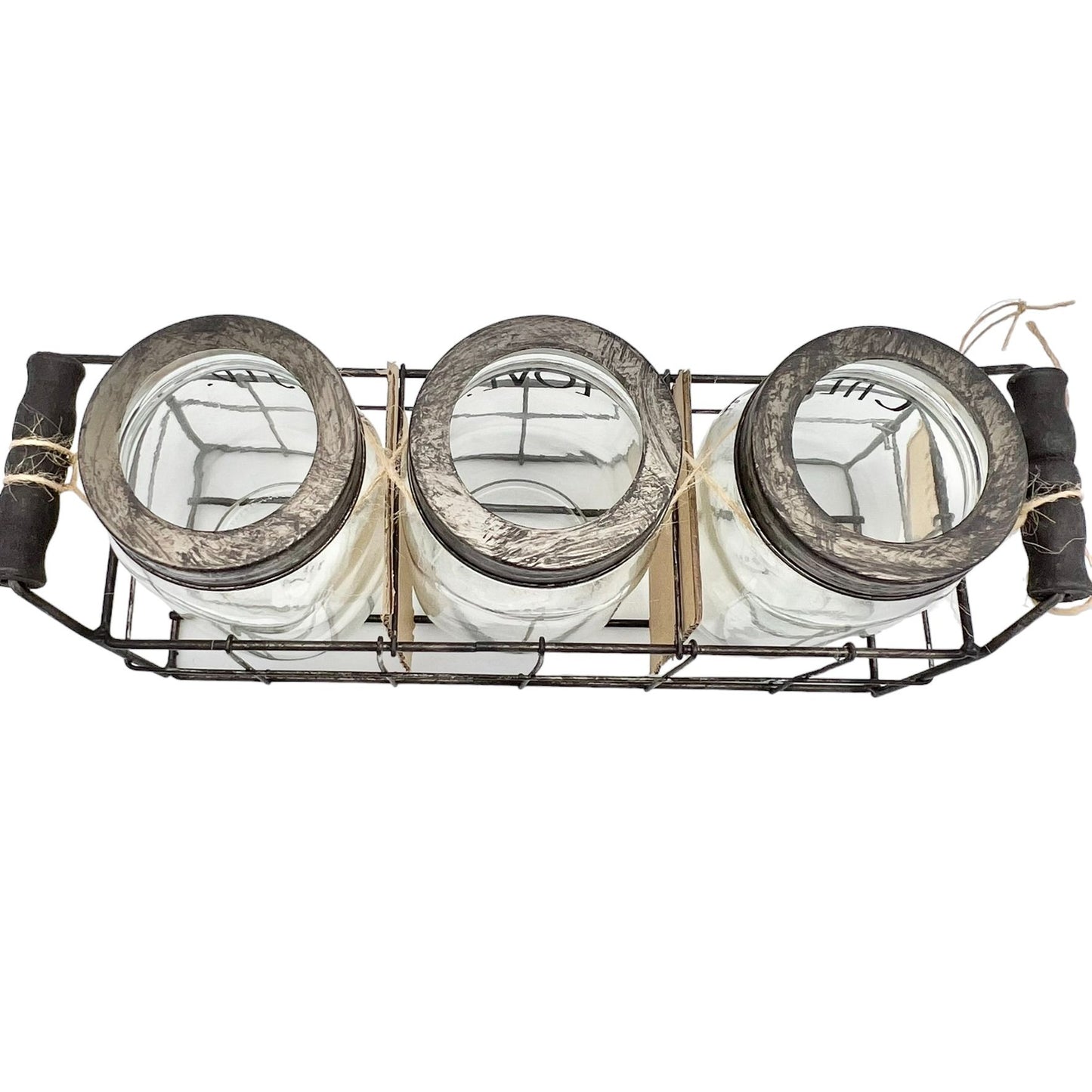 Rae Dunn Home Essentials 3 Glass Jars in Wire Basket Set CHERISH LOVE BLESSED