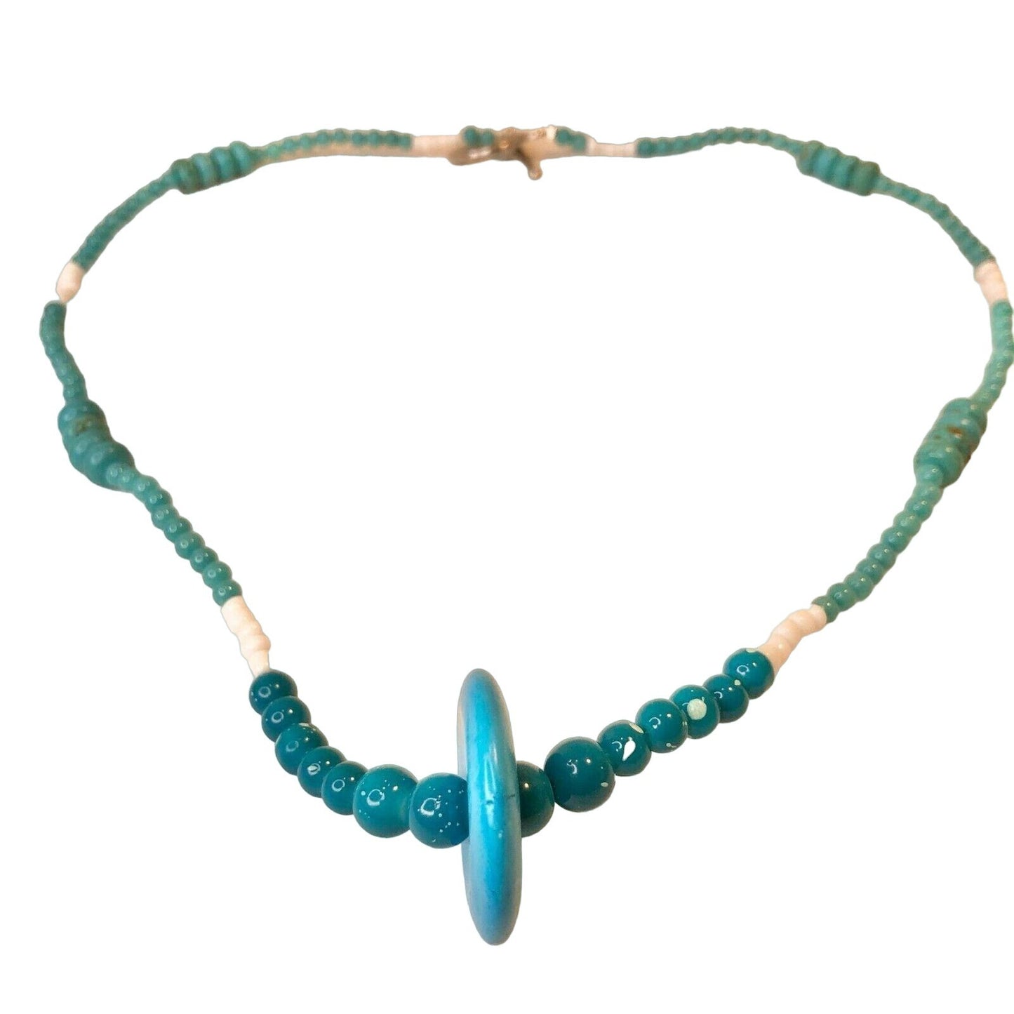 Handcrafted Beaded Necklace Blue Hues and White Beads Pendant Jewelry NEW