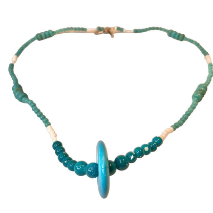 Handcrafted Beaded Necklace Blue Hues and White Beads Pendant Jewelry NEW