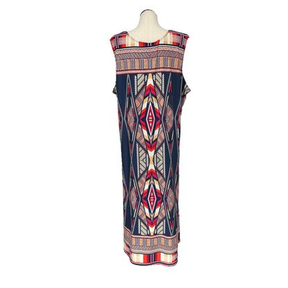 Denim 24/7 Maxi Dress Womens 3X Sleeveless Navy w/ Multicolor Geometric Pattern