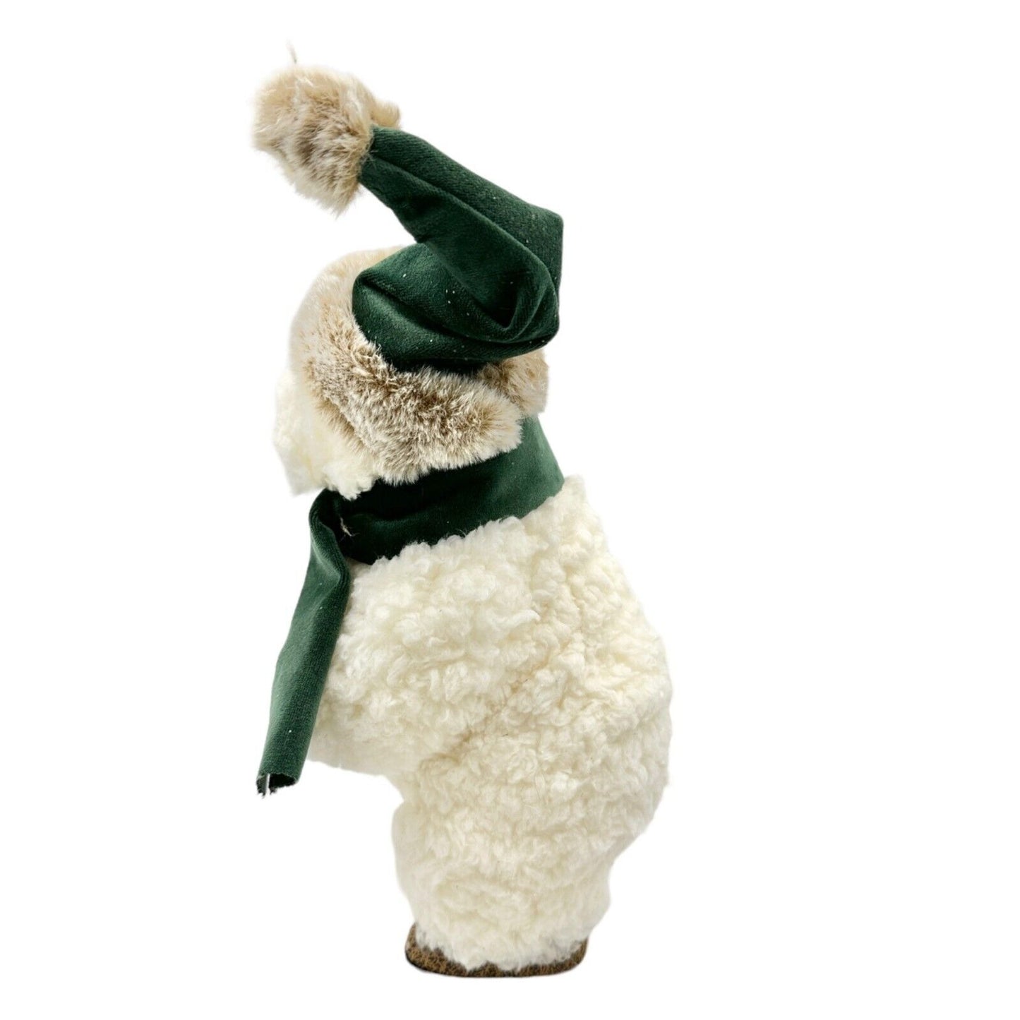 Winter Bear Stands Up Figurine Off-White Fleece with Green Velvet Scarf and Hat