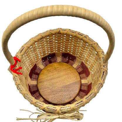 Handmade Basket Gingerbread Trio Round with Wrapped Handle Burgundy Accent