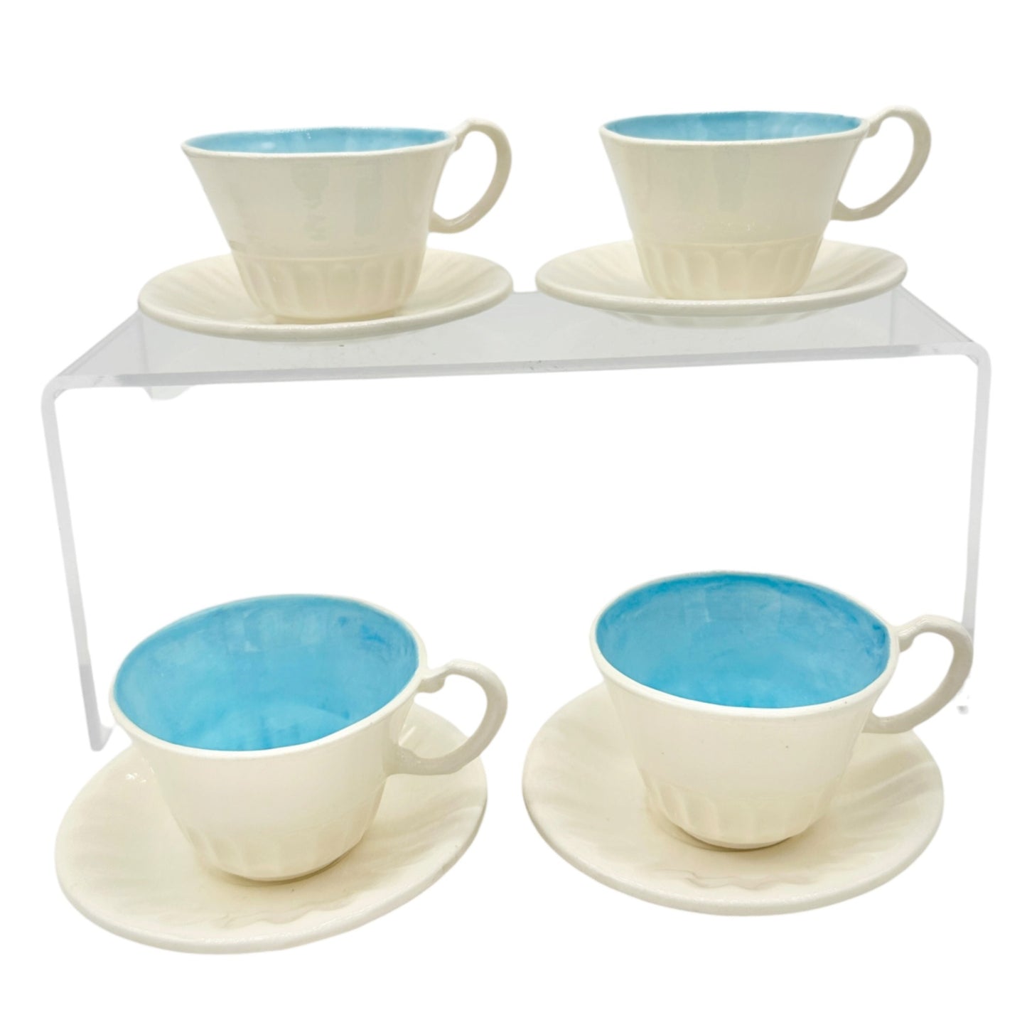 Childrens 17 Piece Ceramic Tea Set With Blue Interiors and White Exterior Design