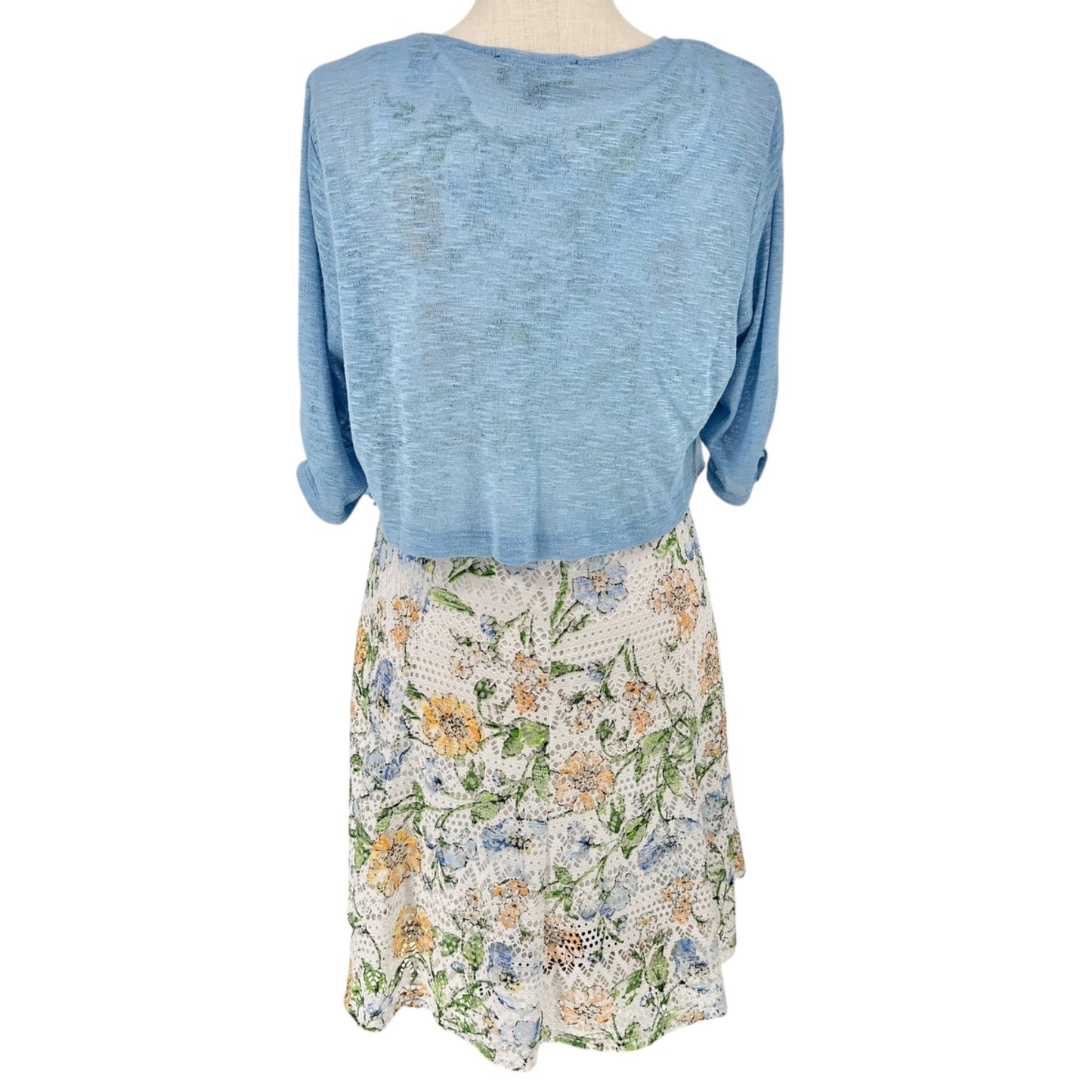 Perceptions Dress with Cardigan Set Womens L White Lace Florals Blue Sheer Shrug