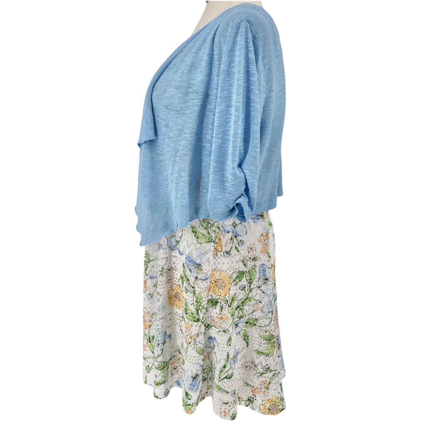 Perceptions Dress with Cardigan Set Womens L White Lace Florals Blue Sheer Shrug