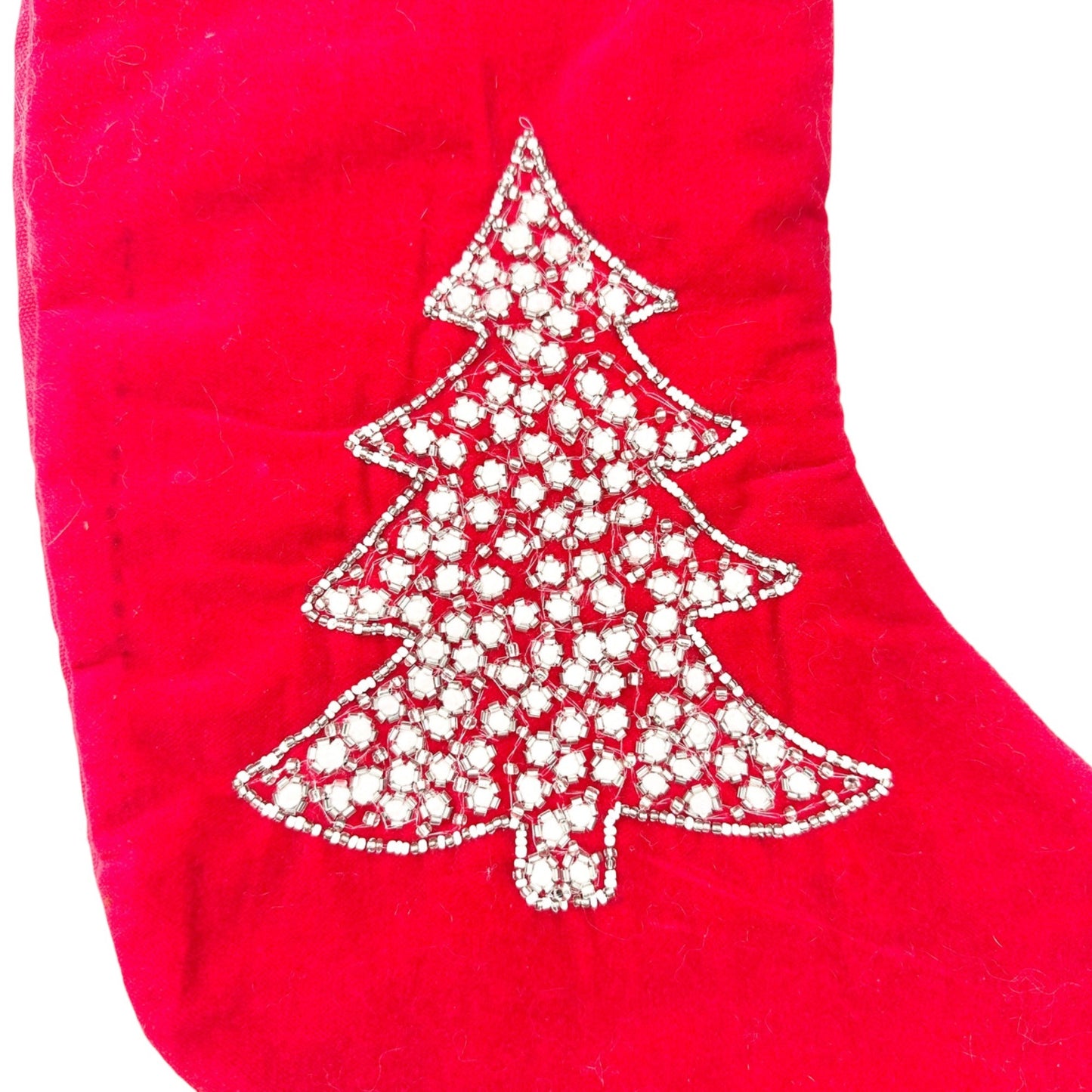 Max Studio Home Red Velvet Christmas Stocking Faux Fur Cuff Beaded Tree Design