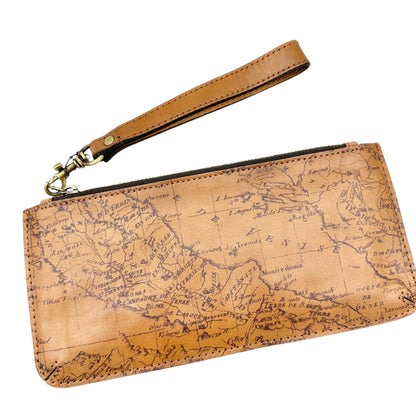 Patricia Nash Signature Map Wristlet In Riot Rust Leather Zip Closure Card Slots