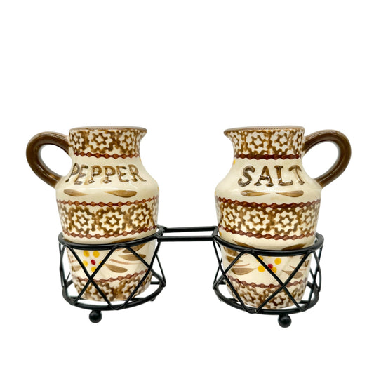 Ceramic Salt and Pepper Jars With Metal Holder Rustic Temp-Tations Brown 4.5”H