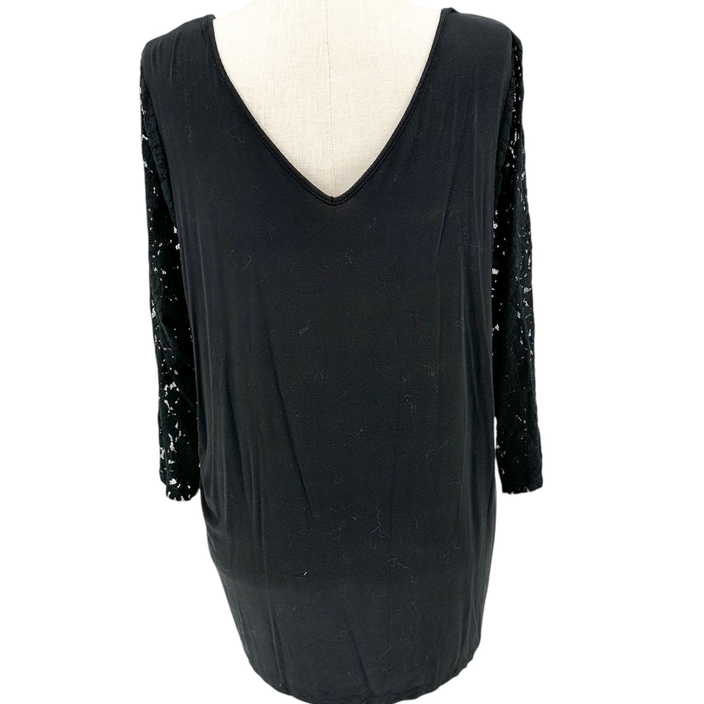 Lane Bryant Tunic Top Womens 26/28 Black Lace Vneck Sheer Sleeves Elegant Design
