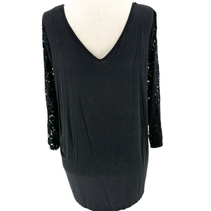 Lane Bryant Tunic Top Womens 26/28 Black Lace Vneck Sheer Sleeves Elegant Design