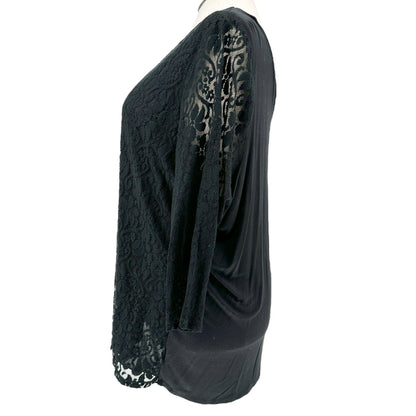 Lane Bryant Tunic Top Womens 26/28 Black Lace Vneck Sheer Sleeves Elegant Design
