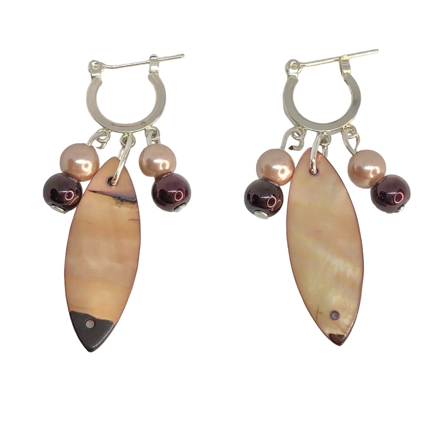 Handcrafted Beaded Earrings Clear Variegated Brown Oblong Glass Beads Unique NEW