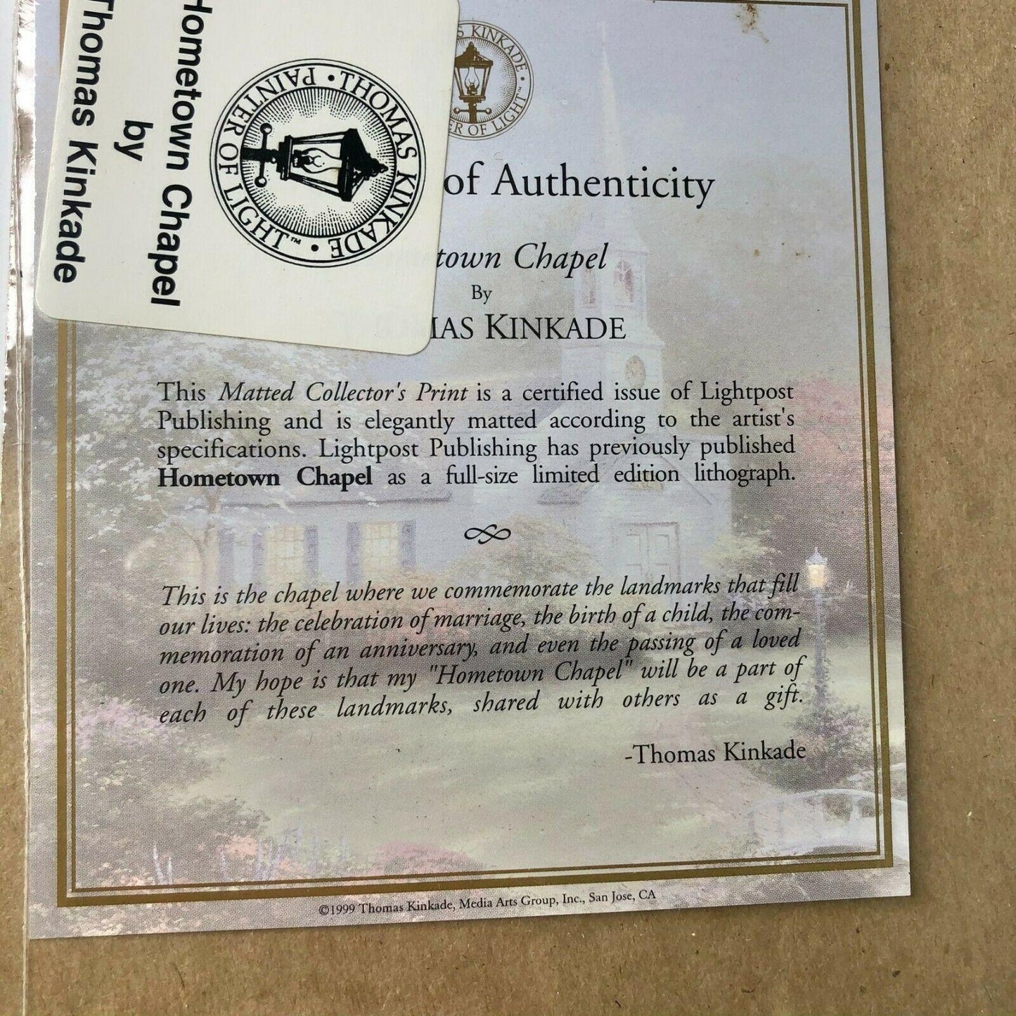 Thomas Kinkade 1999 Hometown Chapel Matted 14x11 Print With COA EUC