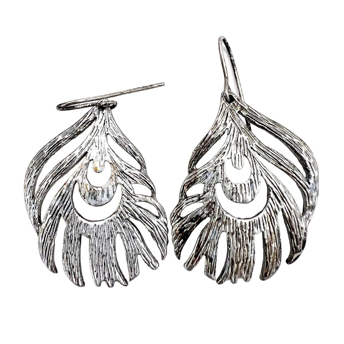 Earrings Pierced Drop Silver Tone Peacock Feathers Look