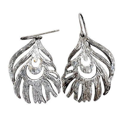 Earrings Pierced Drop Silver Tone Peacock Feathers Look