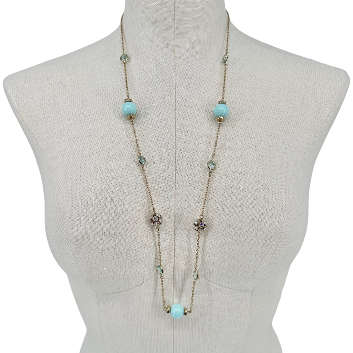 Pair of J. Crew Necklaces Identical Goldtone Chain Light Blue Beads and Gems