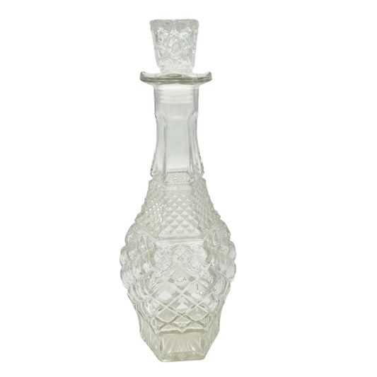 Vintage Clear Glass Decanter Hexagon Shape Diamond Pattern with Stopper 34 fl oz